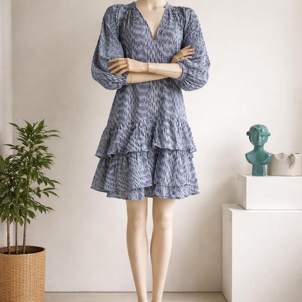 Banana Republic Women's Blue Tiered Ruffled Long Sleeve Preppy Dress Size M